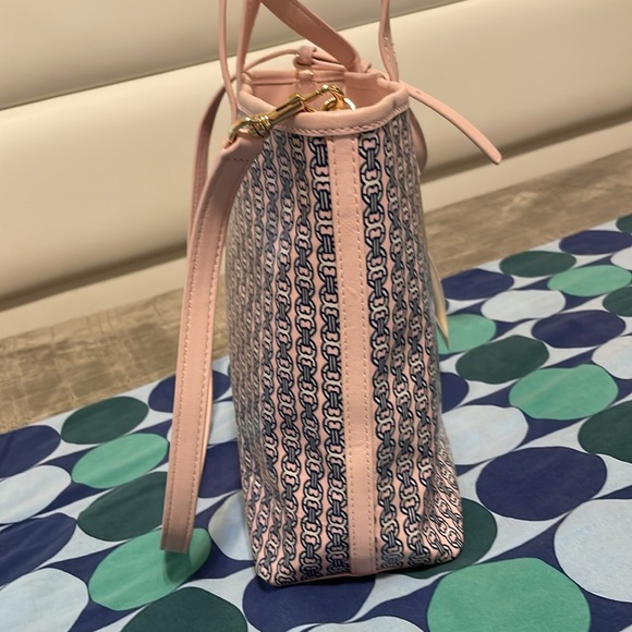 Tory Burch Pink and Navy Chain Print Tote - Picture 5 of 15